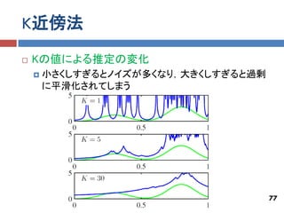 K近傍法
   Kの値による推定の変化
       小さくしすぎるとノイズが多くなり，大きくしすぎると過剰
        に平滑化されてしまう




                                      77
 