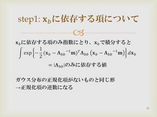 
𝐱 𝑏に依存する項のみ指数にとり、𝐱 𝑏で積分すると
exp −
1
2
(𝐱 𝑏 − 𝚲 𝑏𝑏
−1
𝐦) 𝑇 𝚲 𝑏𝑏 𝐱 𝑏 − 𝚲 𝑏𝑏
−1
𝐦 𝑑𝐱 𝑏
= 𝚲 𝑏𝑏 のみに依存する値
ガウス分布の正規化項がないものと同じ形
→正規化項の逆数になる
step1: 𝐱 𝑏に依存する項について
22
 