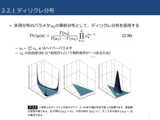 2.2.1 ディリクレ分布
• 多項分布のパラメタ	𝜇Mの事前分布として、ディリクレ分布を採⽤する
– 𝛼J =	∑ 𝛼M
P
3 , 𝜶 はハイパーパラメタ
– 	𝜇M の⾃由度はK-1(*総和が1という制約条件が⼀つあるため)
11
 