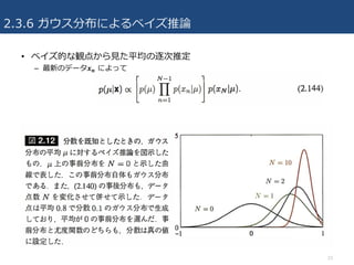 2.3.6 ガウス分布によるベイズ推論
• ベイズ的な観点から⾒た平均の逐次推定
– 最新のデータ𝒙 𝒏 によって
23
 