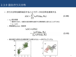 2.3.9 混合ガウス分布
• ガウス分布を線形結合することでデータの分布を表現する
– 𝜋z:混合係数
• 確率的であり、k番⽬の混合要素を選択する事前確率と捉えることができる
• 𝜋z = 𝑝(𝑘)
– 事後確率𝑝(𝑘|𝒙) :負担率
– 最尤推定は閉会式の解析解では得られない->EMアルゴリズム
28
 