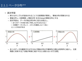 2.1.1 ベータ分布**
• 逐次学習
– 新たなサンプルが追加されることで尤度関数が更新し、事後分布が更新される
– 事後分布 ∝ 	尤度関数 ×	事前分布 を次のstepの事前分布とする
– 逐次学習は、データが独⽴同分布に従えば成⽴し、
• 全てのデータが揃う前に予測しなければならない
• ⼤規模データに対して、メモリを確保しなくて良い
といった利点がある
– 多くのデータを観測すればするほど事後分布の不確実性(分散)は恒常的に減少し、尤度
関数に収束する(*分散が単調に減少するとは限らないので注意)
9
× =
 