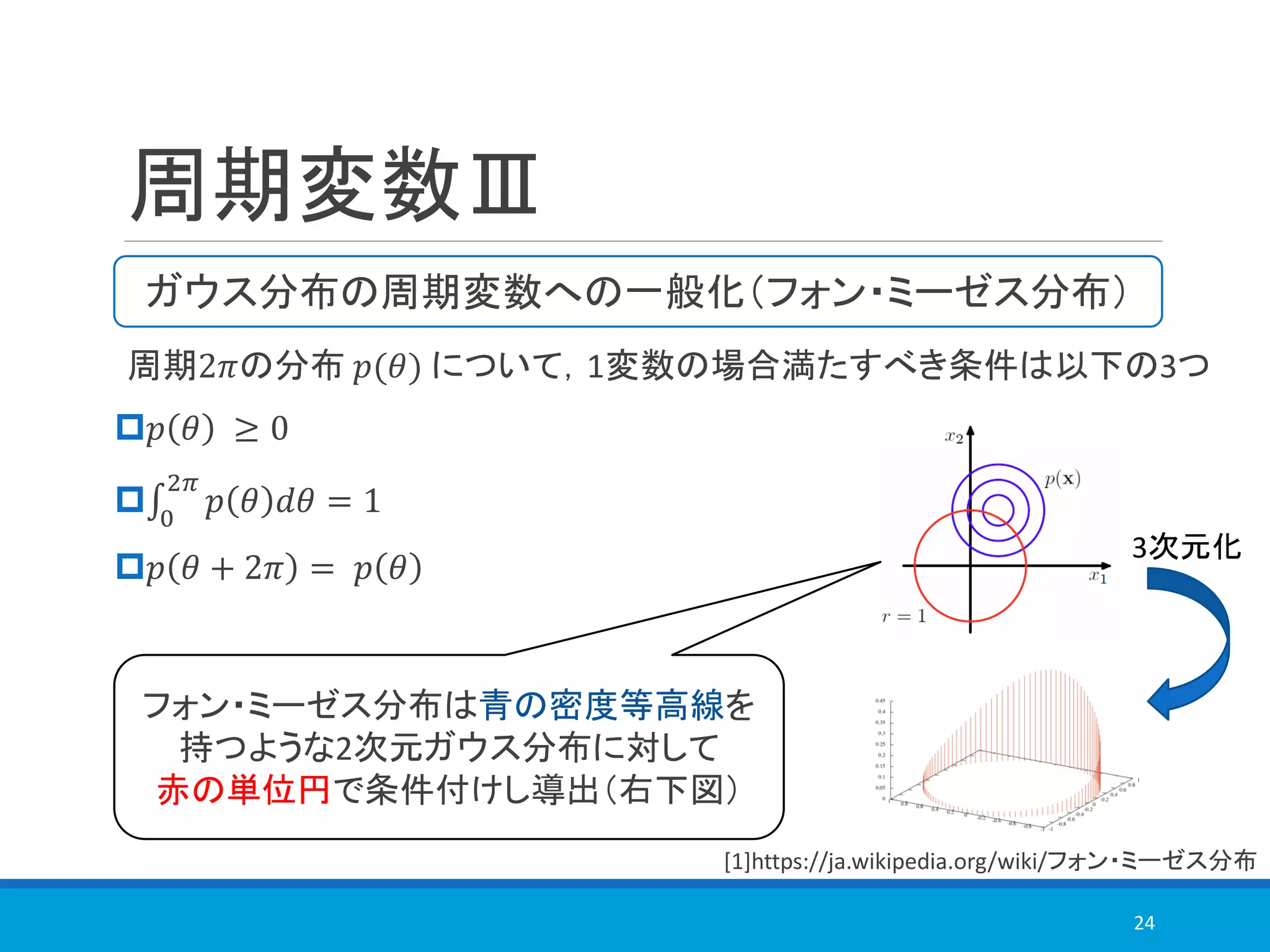 周期変数Ⅲ
周期2𝜋の分布 𝑝(𝜃) について，1変数の場合満たすべき条件は以下の3つ
𝑝 𝜃 ≥ 0
‫׬‬0
2𝜋
𝑝 𝜃 𝑑𝜃 = 1
𝑝 𝜃 + 2𝜋 = 𝑝 𝜃
24
ガウス分布の周期変数への一般化（フォン・ミーゼス分布）
[1]https://ja.wikipedia.org/wiki/フォン・ミーゼス分布
フォン・ミーゼス分布は青の密度等高線を
持つような2次元ガウス分布に対して
赤の単位円で条件付けし導出（右下図）
3次元化
 