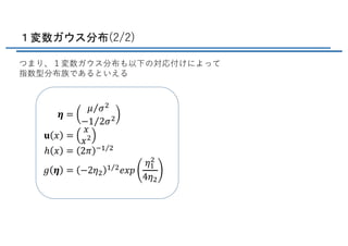 １変数ガウス分布(2/2)
つまり、１変数ガウス分布も以下の対応付けによって
指数型分布族であるといえる
𝜼 =
⁄𝜇 𝜎(
⁄−1 2𝜎(
𝐮 𝑥 =
𝑥
𝑥(
ℎ 𝑥 = 2𝜋 ⁄8. (
𝑔 𝜼 = −2𝜂(
⁄. ( 𝑒𝑥𝑝
𝜂.
(
4𝜂(
 