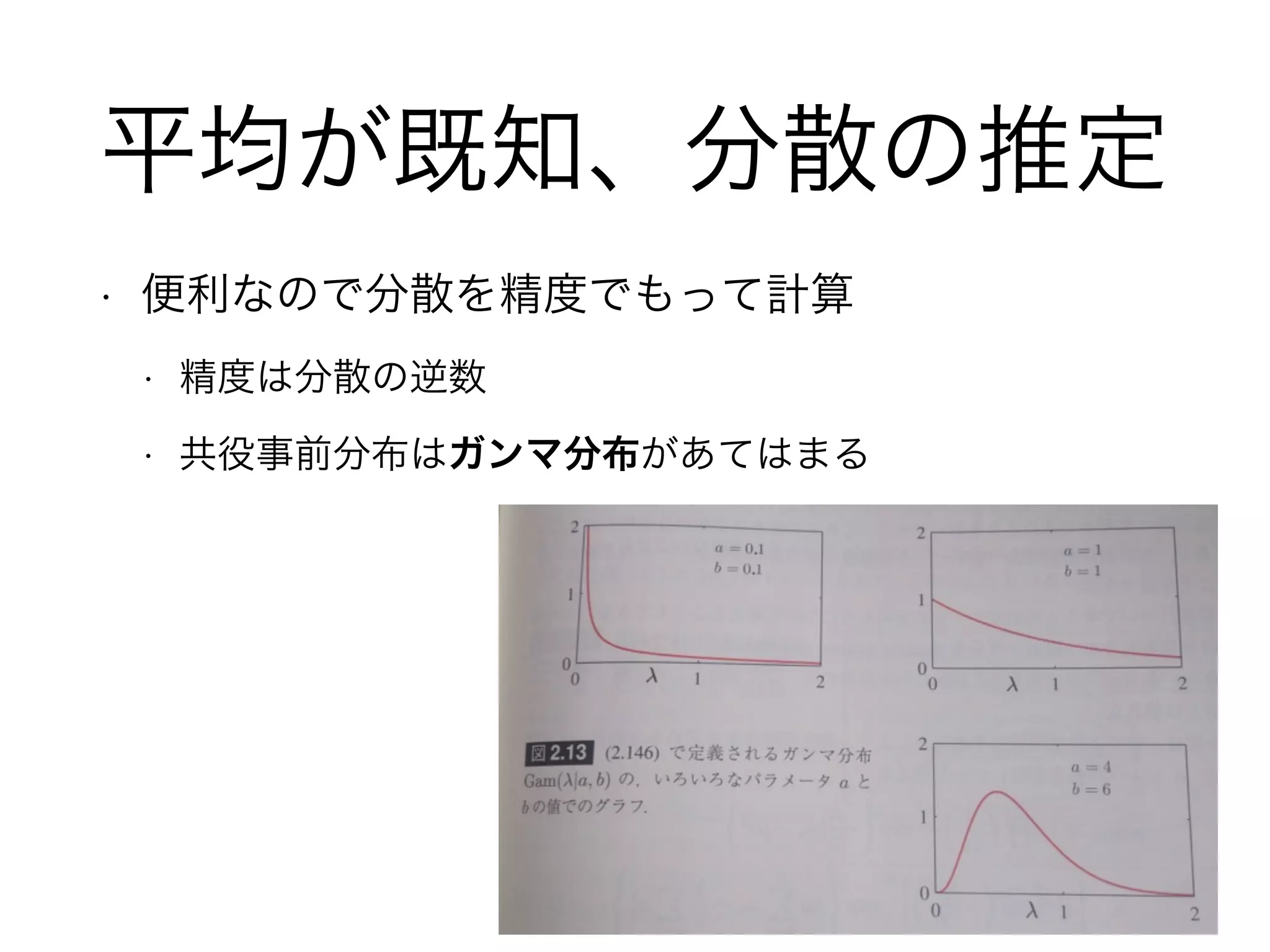 平均が既知、分散の推定
• 便利なので分散を精度でもって計算
• 精度は分散の逆数
• 共役事前分布はガンマ分布があてはまる
 