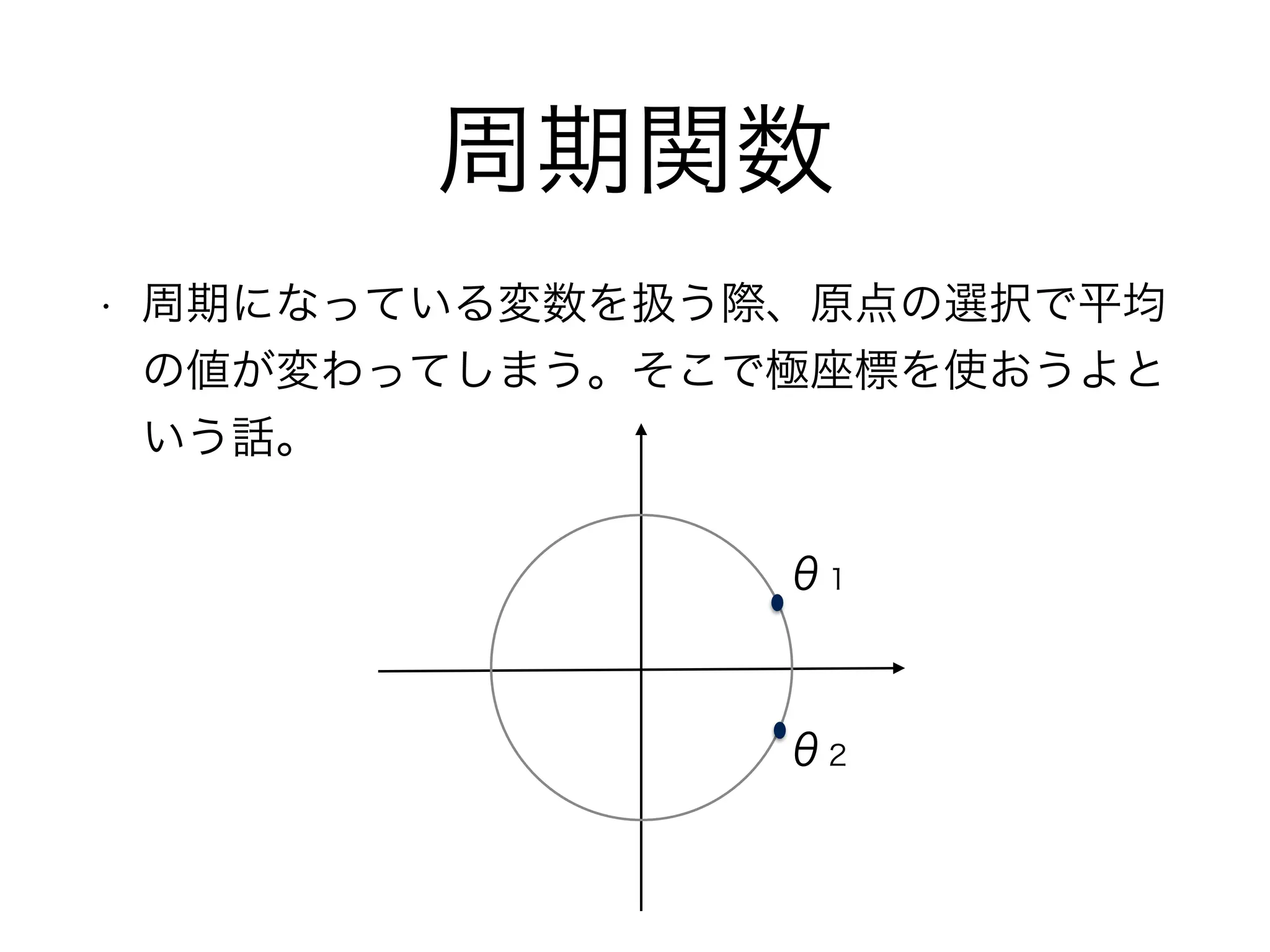 周期関数
• 周期になっている変数を扱う際、原点の選択で平均
の値が変わってしまう。そこで極座標を使おうよと
いう話。
θ1
θ2
 
