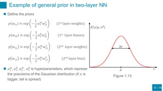 / 75
Example of general prior in two-layer NN
22
 Define the priors
𝑝 𝑤𝑖1 ∝ exp −
1
2
𝛼1
w
𝑤𝑖1
2
(1st layer weights)
𝑝 𝑤𝑖0 ∝ exp −
1
2
𝛼1
b
𝑤𝑖0
2
(1st layer biases)
𝑝 𝑤1𝑗 ∝ exp −
1
2
𝛼2
w
𝑤1𝑗
2
(2nd layer weights)
𝑝 𝑤1𝑗 ∝ exp −
1
2
𝛼2
w
𝑤1𝑗
2
(2nd layer bias)
 𝛼1
w
, 𝛼1
b
, 𝛼2
w
, 𝛼2
b
is hyperparameters, which represent
the precisions of the Gaussian distribution (if 𝛼 is
bigger, tail is spread)
Figure 1.13
 