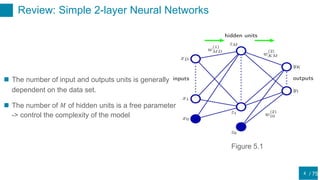 / 75
Review: Simple 2-layer Neural Networks
4
 The number of input and outputs units is generally
dependent on the data set.
 The number of 𝑀 of hidden units is a free parameter
-> control the complexity of the model
Figure 5.1
 