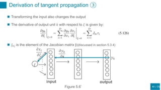 / 75
Derivation of tangent propagation ③
40
 Transforming the input also changes the output
 The derivative of output unit 𝑘 with respect to 𝜉 is given by:
𝜉
outputinput
𝑦 𝑘
𝜕𝑦 𝑘
𝜕𝐱
𝜕𝑥𝑖
𝜕𝜉
 𝐽 𝑘𝑗 is the element of the Jacobian matrix 𝐉 (discussed in section 5.3.4)
Figure 5.6’
 