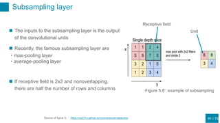 / 75
Subsampling layer
60
 The inputs to the subsampling layer is the output
of the convolutional units
 Recently, the famous subsampling layer are
・max-pooling layer
・average-pooling layer
 If receptive field is 2x2 and nonoverlapping,
there are half the number of rows and columns Figure 5.8’: example of subsampling
Source of figure 5- : https://cs231n.github.io/convolutional-networks/
Unit
Receptive field
 