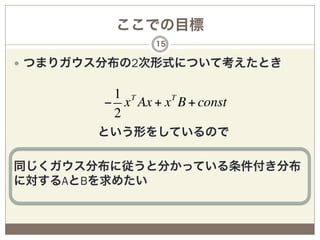 ここでの目標
                 15

—  つまりガウス分布の2次形式について考えたとき


         1 T
        − x Ax + x T B + const
         2
       という形をしているので
  
同じくガウス分布に従うと分かっている条件付き分布
に対するAとBを求めたい
 