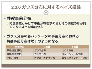 2.3.6 ガウス分布に対するベイズ推論
                 44


—  共役事前分布
¡  尤度関数とかけて事後分布を求めるとその関数の形が同
  じになるような事前分布


—  ガウス分布の各パラメータの事後分布における
共役事前分布は以下のようになる
     事後分布        1変量         多変量
 平均(分散既知)    ガウス分布       ガウス分布
 精度(平均既知)    ガンマ分布       ウィッシャート分布
 平均、精度       ガウスーガンマ分布   ガウルウィシャート分布
 