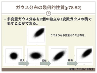 ガウス分布の幾何的性質(p78-82)
                                                 6

    —  多変量ガウス分布をD個の独立な1変数ガウスの積で
    表すことができる。


                                                      このような多変量ガウス分布を…
                     y2 + 2




                                   x2 + 2




                                                                   y2 + 2
                 y




                                                 y2
y




            拡大                              回転                移動
                                                                            x2 + 2
       x                      x2                         x2




                                                              変換したものと見なす
 