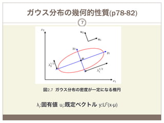 ガウス分布の幾何的性質(p78-82)
               7




   図2.7 ガウス分布の密度が一定になる楕円


 λi:固有値 ui:既定ベクトル y:UT(x-µ)
 