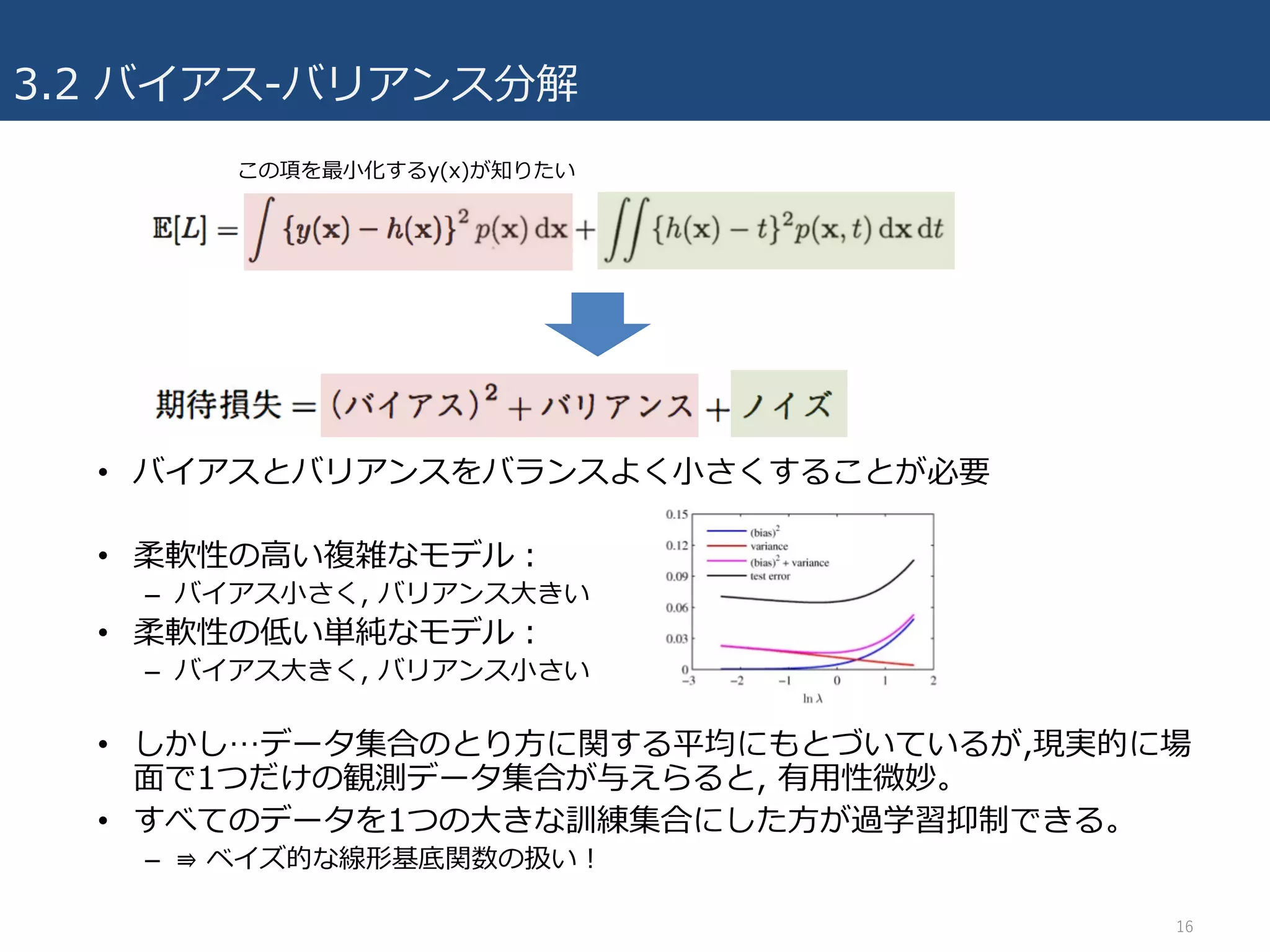 3.2 バイアス-バリアンス分解
16
この項を最⼩化するy(x)が知りたい
• バイアスとバリアンスをバランスよく⼩さくすることが必要
• 柔軟性の⾼い複雑なモデル：
– バイアス⼩さく, バリアンス⼤きい
• 柔軟性の低い単純なモデル：
– バイアス⼤きく, バリアンス⼩さい
• しかし…データ集合のとり⽅に関する平均にもとづいているが,現実的に場
⾯で1つだけの観測データ集合が与えらると, 有⽤性微妙。
• すべてのデータを1つの⼤きな訓練集合にした⽅が過学習抑制できる。
– ⇛ ベイズ的な線形基底関数の扱い！
 