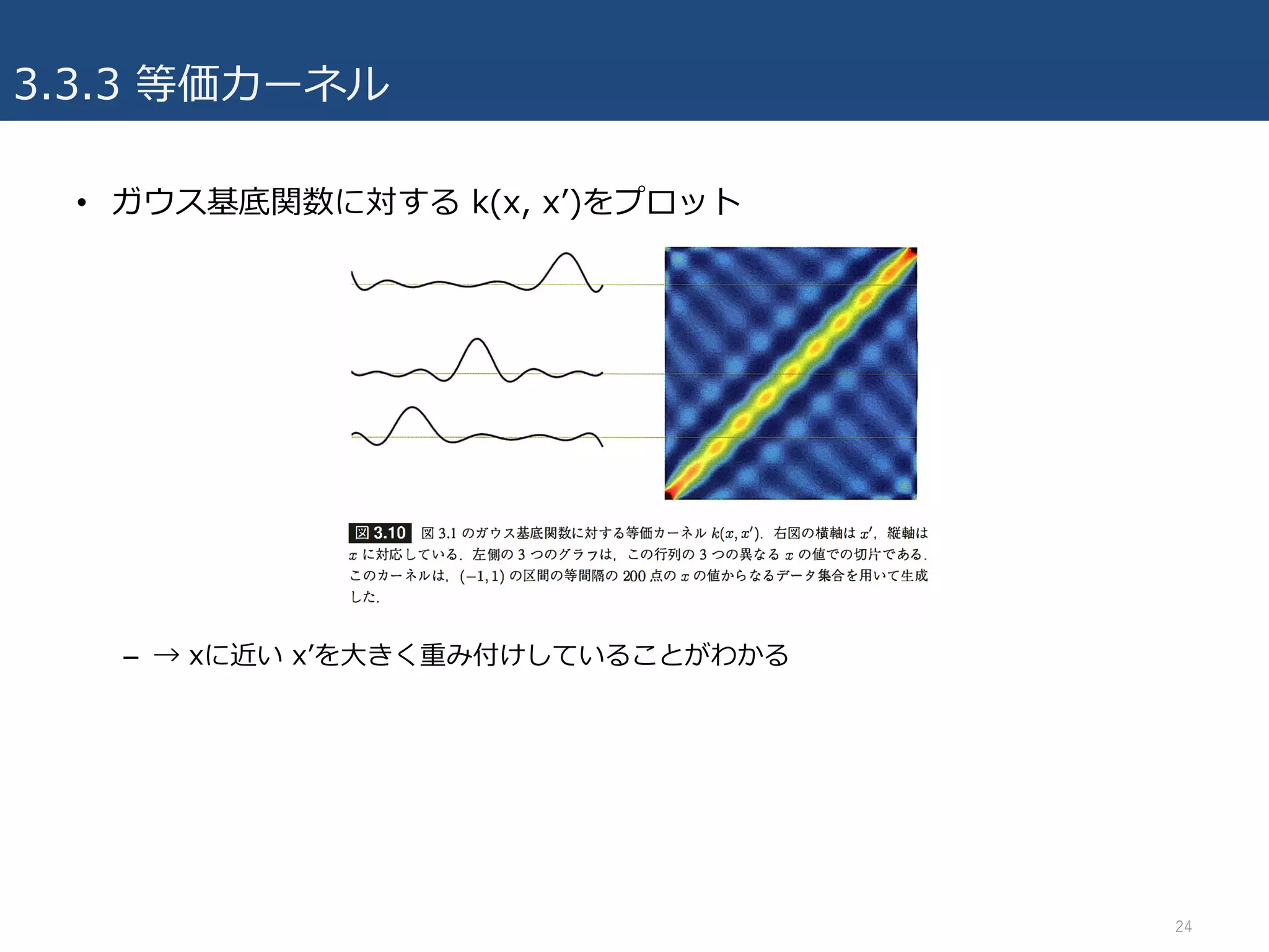 3.3.3 等価カーネル
• ガウス基底関数に対する k(x, xʼ)をプロット
– → xに近い xʼを⼤きく重み付けしていることがわかる
24
 