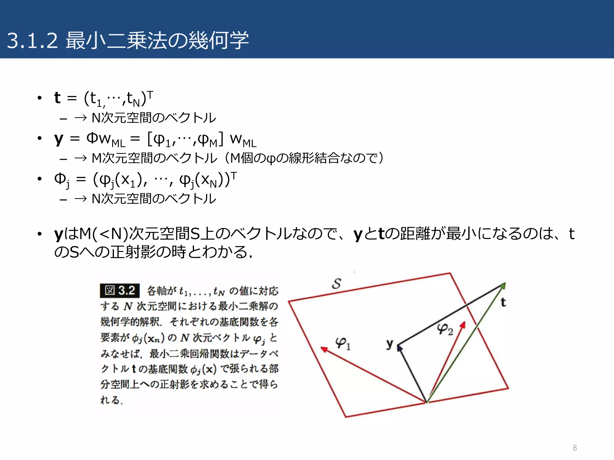 • t = (t1,…,tN)T
– → N次元空間のベクトル
• y = ΦwML = [φ1,…,φM] wML
– → M次元空間のベクトル（M個のφの線形結合なので）
• Φj = (φj(x1), …, φj(xN))T
– → N次元空間のベクトル
• yはM(<N)次元空間S上のベクトルなので、yとtの距離が最⼩になるのは、t
のSへの正射影の時とわかる.
3.1.2 最⼩⼆乗法の幾何学
8
 