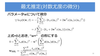 最尤推定(対数尤度の微分)
10
パラメータwについて微分
上式=0とおき, “w=“ の形にする
 