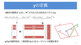yの定義
17
n番目の要素が で与えられるN次元ベクトルy
yはφの線形結合. 二乗誤差はyとtのユークリッド距離を表す
 