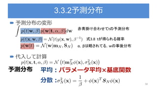 3.3.2予測分布
58
 予測分布の変形
 代入して計算
予測分布 平均：パラメータ平均×基底関数
分散：
α，βは略されてる，wの事後分布
式3.8 tが得られる確率
赤青掛け合わせてtの予測分布
 