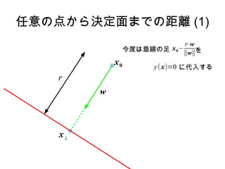 任意の点から決定面までの距離 (1)
                              r⋅w
                  今度は垂線の足 x 0−∥w∥を
             x0         y (x)=0 に代入する
   r
         w



    x⊥
 
