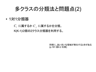多クラスの分類法と問題点(2)
●   1対1分類器
     Ci に属するか C j に属するかを分類。
     K(K-1)/2個の2クラス分類器を利用する。



                     同様に、あいまいな領域が発生するときがある
                     (p.181 図4.2 右側)
 