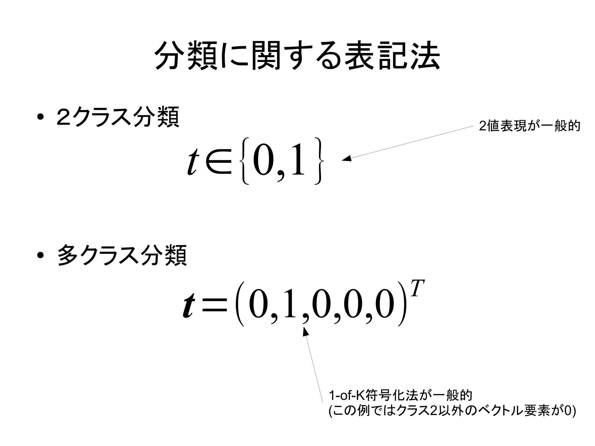 分類に関する表記法
●   ２クラス分類                        2値表現が一般的


             t∈{0,1}
●
    多クラス分類
                            T
             t=(0,1,0,0,0)
                     1-of-K符号化法が一般的
                     (この例ではクラス2以外のベクトル要素が0)
 