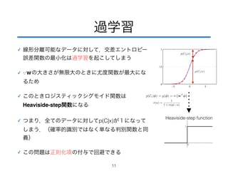 過学習 
✓ 線形分離可能なデータに対して，交差エントロピー 
誤差関数の最小化は過学習を起こしてしまう 
✓ ∵ｗの大きさが無限大のときに尤度関数が最大にな 
るため 
✓ このときロジスティックシグモイド関数は 
Heaviside-step関数になる 
✓ つまり，全てのデータに対してp(C|x)が１になって 
しまう．（確率的識別ではなく単なる判別関数と同 
義） 
✓ この問題は正則化項の付与で回避できる 
11 
p(C1|x) 
p(C2|x) 
Heaviside-step function 
(a) = 
1 
1 + exp(a) 
 