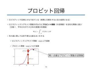 プロビット回帰 
✓ ロジスティック回帰とかなり似ている（実際に分類をすると似た結果となる） 
✓ ロジスティックシグモイド関数の代わりにプロビット関数（の逆関数）を活性化関数に選ぶ 
（分散１，平均０のガウス分布の累積分布関数） 
✓ 外れ値に関しては若干異なる振るまいをする 
✓ ロジスティックシグモイド関数：exp(-x)で減衰 
✓ ブロビット関数：exp(-x^2)で減衰 
13 
p(C1|x) 
p(C2|x) 
青い点線はプロビット関数の逆関数 
 