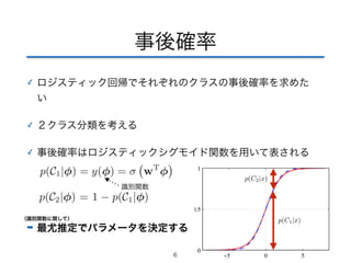 事後確率 
✓ ロジスティック回帰でそれぞれのクラスの事後確率を求めた 
い 
✓ ２クラス分類を考える 
✓ 事後確率はロジスティックシグモイド関数を用いて表される 
➡ 最尤推定でパラメータを決定する 
6 
p(C1|x) 
p(C2|x) 
識別関数 
（識別関数に関して） 
 
