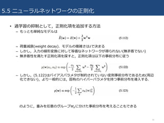 5.5 ˥`ͥåȥ`t
? ^ѧƤȤƣt헤׷Ӥ?
C äȤgʥǥ
C ؜p˥(weight decay)ǥ}j?ǛQޤ
C ??ξΉQˌƵȁʥͥåȥ`äʤ(o?ܤǤʤ)
C o?Ԥ򜺤t헤̽ȣt헤¤ǰֲˏ
C (5.122)ϥХѥ᥿ƼsƤʤtǰֲǤ뤿(x
Ǥʤ)?ĤˤϣФΥϥѩ`ѥ᥿֤ǰֲ?룮
Τ褦ˣؤߤΥ`?C˷֤ǰֲ򿼤뤳ȤǤ
18
 