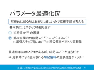 パラメータ最適化Ⅳ
基本的に，2ステップを繰り返す
① 初期値 𝑤(0) の選択
② 重み空間内の移動 𝑤(𝜏+1)
= 𝑤(𝜏)
+ ∆𝑤(𝜏)
𝜏: 反復ステップ数，∆𝑤(𝜏): 𝜏 時の重みベクトル更新量
最適化手法はいくつかあるが，結局 ∆𝑤(𝜏)
が違うだけ
⇒ 更新時によく使用される勾配情報の重要性をチェック！
49
解析的に解くのはあまりに厳しいので反復手順で考える
※図, [2]https://qiita.com/ishizakiiii/items/82cfa9522ceb20703f2b
 