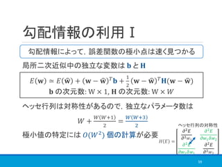 勾配情報の利用Ⅰ
局所二次近似中の独立な変数は 𝐛 と 𝐇
ヘッセ行列は対称性があるので，独立なパラメータ数は
𝑊 +
𝑊 𝑊+1
2
=
𝑊 𝑊+3
2
極小値の特定には 𝑂(𝑊2) 個の計算が必要
59
勾配情報によって，誤差関数の極小点は速く見つかる
𝐸 𝐰 ≃ 𝐸 ෝ𝐰 + 𝐰 − ෝ𝐰 𝑇
𝐛 +
1
2
𝐰 − ෝ𝐰 𝑇
𝐇(𝐰 − ෝ𝐰)
𝐛 の次元数: W × 1, 𝐇 の次元数: W × 𝑊
𝐻 𝐸 =
𝜕2
𝐸
𝜕2 𝑤1
𝜕2
𝐸
𝜕𝑤1 𝛿𝑤2
𝜕2
𝐸
𝜕𝑤2 𝛿𝑤1
𝜕2
𝐸
𝜕2 𝑤2
ヘッセ行列の対称性
 