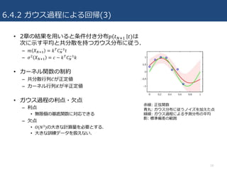 6.4.2 ガウス過程による回帰(3)
• 2章の結果を⽤いると条件付き分布𝑝 𝑡VcR	 𝑡)は
次に⽰す平均と共分散を持つガウス分布に従う.
– 𝑚 𝑋VcR = 𝑘& 𝐶V
^R
𝑡
– 𝜎; 𝑋VcR = 𝑐 − 𝑘& 𝐶V
^R
𝑘
• カーネル関数の制約
– 共分散⾏列𝐶が正定値
– カーネル⾏列𝐾が半正定値
• ガウス過程の利点・⽋点
– 利点
• 無限個の基底関数に対応できる
– ⽋点
• 𝑂(𝑁f)の⼤きな計算量を必要とする.
• ⼤きな訓練データを扱えない.
19
⾚線: 正弦関数
⻘丸: ガウス分布に従うノイズを加えた点
緑線: ガウス過程による予測分布の平均
影: 標準偏差の範囲
 