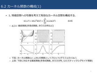6.2 カーネル関数の構成(1)
• 1. 特徴空間への写像を考えて有効なカーネル空間を構成する.
– 𝜙8 𝑥 : 基底関数(多項式関数, ガウス分布など)
– 下段: カーネル関数𝑘(𝑥*, 𝑥)を𝑥の関数としてプロット(グラフ上の×は𝑥′)
– 上段: 下段に対応する基底関数(多項式関数, ガウス分布, ロジスティックシグモイド関数)
6
 