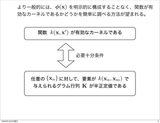 (x)
          より一般的には、   を明示的に構成することなく、関数が有
          効なカーネルであるかどうかを簡単に調べる方法が望まれる。


                  k(x, x0 )
               関数     が有効なカーネルである



                         必要十分条件



                 {xn }      k(xn , xm )
              任意の   に対して、要素が      で
                         K
              与えられるグラム行列  が半正定値である




13年3月10日日曜日                               4
 