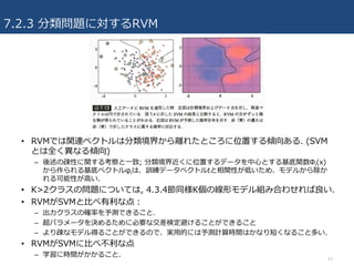 7.2.3 分類問題に対するRVM
• RVMでは関連ベクトルは分類境界から離れたところに位置する傾向ある. (SVM
とは全く異なる傾向)
– 後述の疎性に関する考察と⼀致; 分類境界近くに位置するデータを中⼼とする基底関数Φi(x)
から作られる基底ベクトルφiは、訓練データベクトルtと相関性が低いため、モデルから除か
れる可能性が⾼い.
• K>2クラスの問題については, 4.3.4節同様K個の線形モデル組み合わせれば良い.
• RVMがSVMと⽐べ有利な点：
– 出⼒クラスの確率を予測できること.
– 超パラメータを決めるために必要な交差検定避けることができること
– より疎なモデル得ることができるので、実⽤的には予測計算時間はかなり短くなること多い.
• RVMがSVMに⽐べ不利な点
– 学習に時間がかかること.
43
 