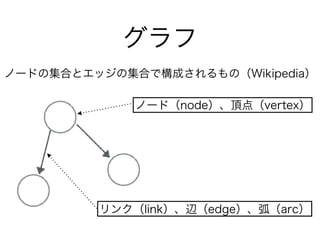 グラフ
ノード（node）、頂点（vertex）
リンク（link）、辺（edge）、弧（arc）
ノードの集合とエッジの集合で構成されるもの（Wikipedia）
 