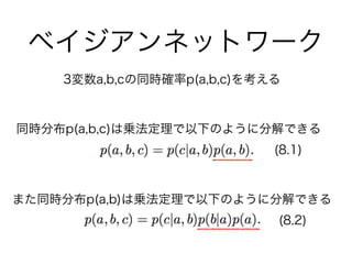 ベイジアンネットワーク
3変数a,b,cの同時確率p(a,b,c)を考える
同時分布p(a,b,c)は乗法定理で以下のように分解できる
(8.1)
(8.2)
また同時分布p(a,b)は乗法定理で以下のように分解できる
 