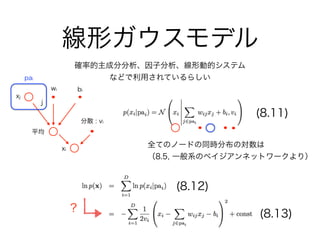 線形ガウスモデル
(8.11)
確率的主成分分析、因子分析、線形動的システム 
などで利用されているらしい
平均
pai
分散 : vi
xi
全てのノードの同時分布の対数は
（8.5, 一般系のベイジアンネットワークより）
(8.12)
(8.13)?
j
biwi
xj
 