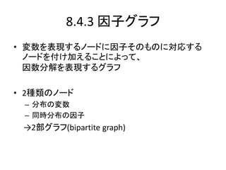 8.4.3 因子グラフ
• 変数を表現するノードに因子そのものに対応する
ノードを付け加えることによって、
因数分解を表現するグラフ
• 2種類のノード
– 分布の変数
– 同時分布の因子
→2部グラフ(bipartite graph)
 