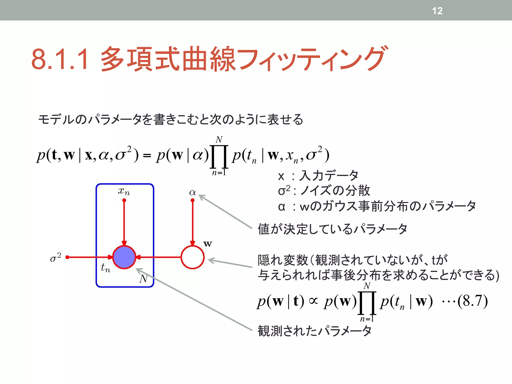 12




8.1.1 多項式曲線フィッティング	
モデルのパラメータを書きこむと次のように表せる	
                                N
p(t, w | x, α , σ ) = p(w | α )∏ p(t n | w, xn , σ 2 )
                2

                                n =1
                                            x : 入力データ
                                            σ2 : ノイズの分散
                                            α : ｗのガウス事前分布のパラメータ	
                                        値が決定しているパラメータ	

                                        隠れ変数（観測されていないが、tが
                                        与えられれば事後分布を求めることができる)	
                                                         N
                                        p(w | t ) ∝ p(w )∏ p(t n | w )  (8.7)
                                                         n =1
                                        観測されたパラメータ	
 