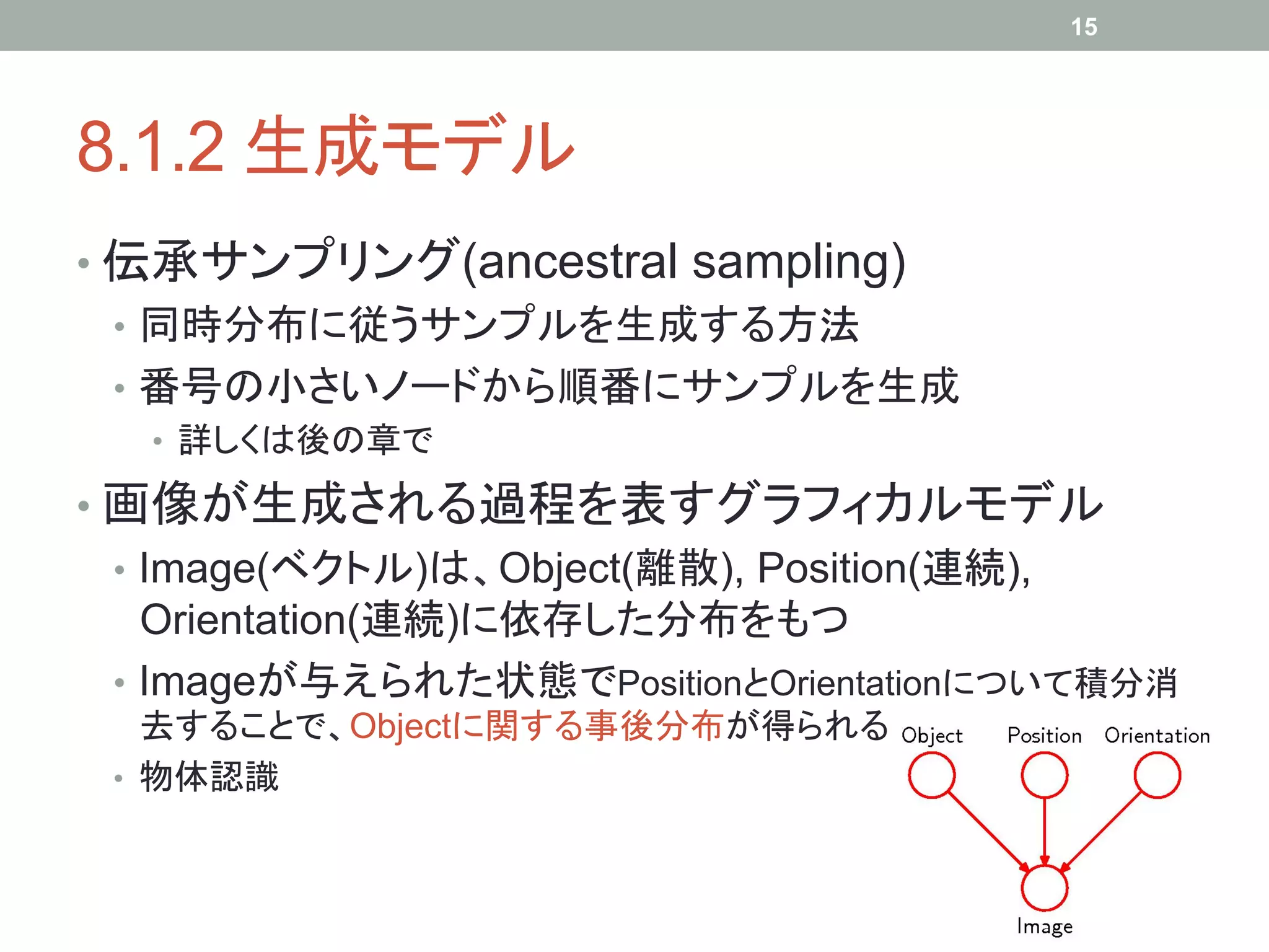 15




8.1.2 生成モデル	
•  伝承サンプリング(ancestral sampling)
   •  同時分布に従うサンプルを生成する方法
   •  番号の小さいノードから順番にサンプルを生成
   •  詳しくは後の章で

•  画像が生成される過程を表すグラフィカルモデル
   •  Image(ベクトル)は、Object(離散), Position(連続),
      Orientation(連続)に依存した分布をもつ
   •  Imageが与えられた状態でPositionとOrientationについて積分消
    去することで、Objectに関する事後分布が得られる
 •  物体認識
 