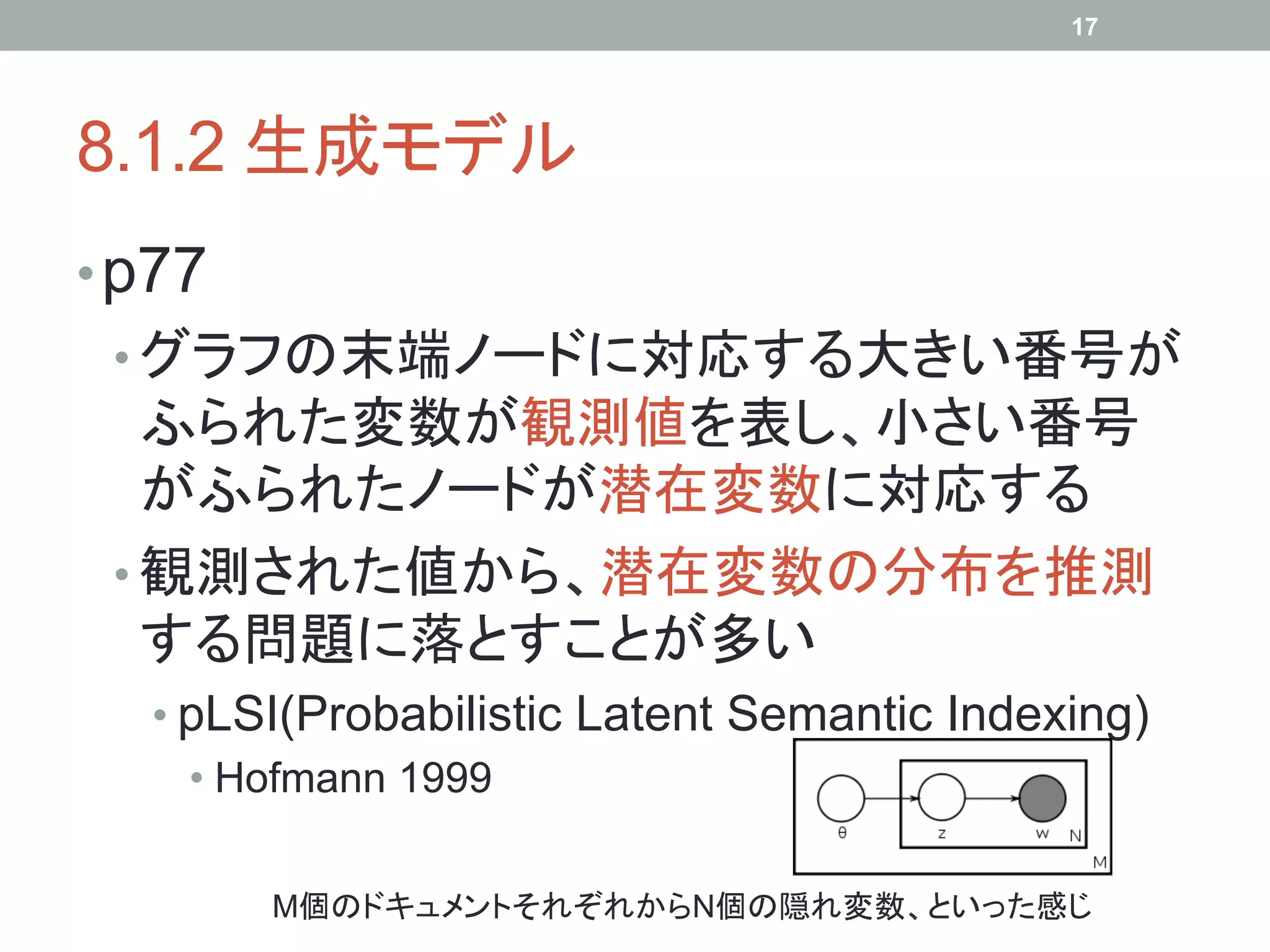 17




8.1.2 生成モデル	
• p77
 •  グラフの末端ノードに対応する大きい番号が
    ふられた変数が観測値を表し、小さい番号
    がふられたノードが潜在変数に対応する
 •  観測された値から、潜在変数の分布を推測
    する問題に落とすことが多い
  •  pLSI(Probabilistic Latent Semantic Indexing)
     •  Hofmann 1999

        M個のドキュメントそれぞれからN個の隠れ変数、といった感じ	
 