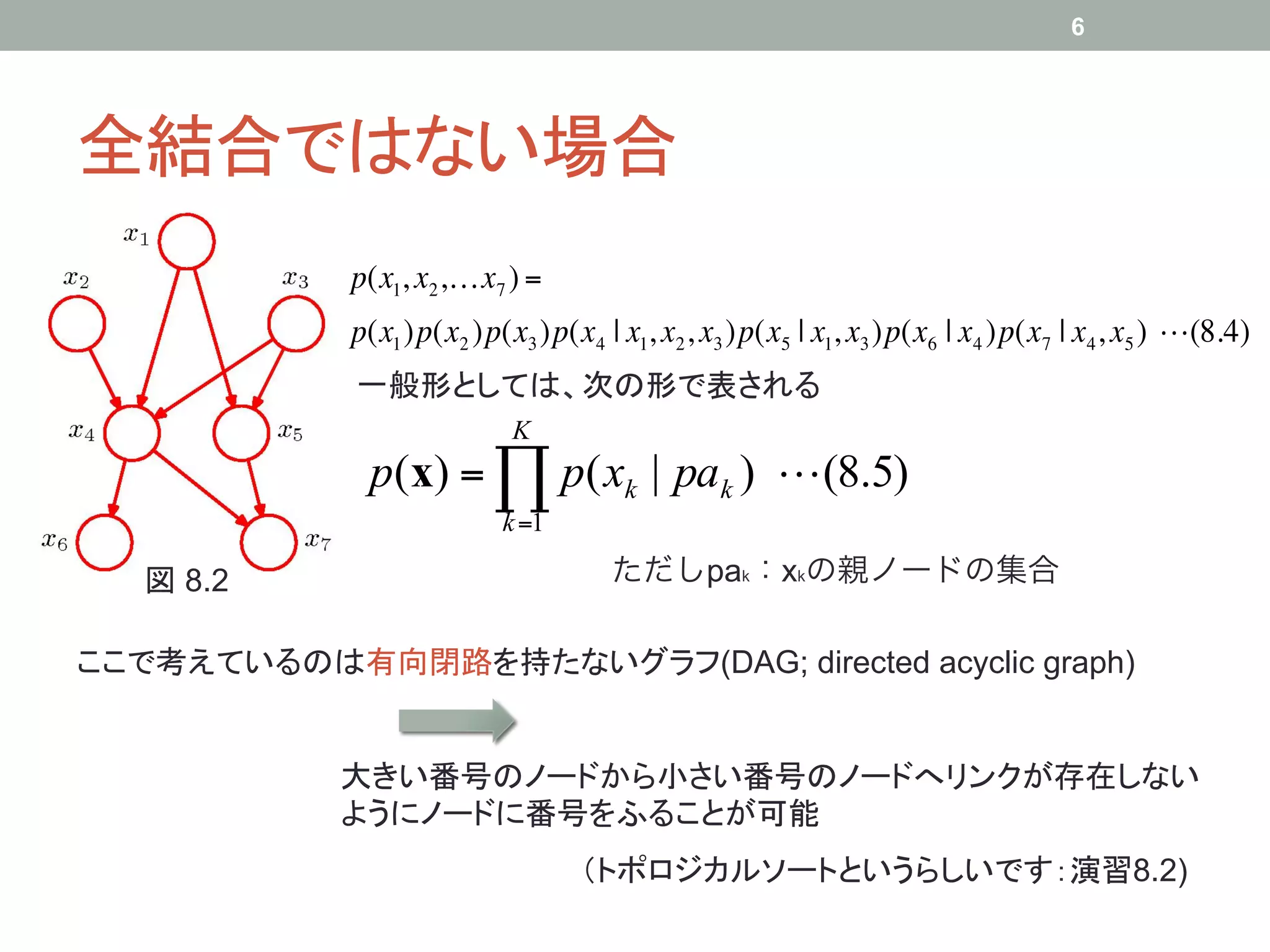 6




全結合ではない場合	
             p(x1, x2 ,…x7 ) =
             p(x1 )p(x2 )p(x3 )p(x4 | x1, x2 , x3 )p(x5 | x1, x3 )p(x6 | x4 )p(x7 | x4 , x5 ) !(8.4)
             一般形としては、次の形で表される	
                            K
              p(x) = ∏ p( xk | pak )  (8.5)
                           k =1

   図 8.2	
                            ただしpak：xkの親ノードの集合

ここで考えているのは有向閉路を持たないグラフ(DAG; directed acyclic graph)	


             大きい番号のノードから小さい番号のノードへリンクが存在しない
             ようにノードに番号をふることが可能	
                                   （トポロジカルソートというらしいです：演習8.2)	
 