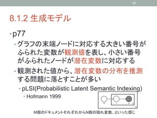 17




8.1.2 生成モデル	
• p77
 •  グラフの末端ノードに対応する大きい番号が
    ふられた変数が観測値を表し、小さい番号
    がふられたノードが潜在変数に対応する
 •  観測された値から、潜在変数の分布を推測
    する問題に落とすことが多い
  •  pLSI(Probabilistic Latent Semantic Indexing)
     •  Hofmann 1999

        M個のドキュメントそれぞれからN個の隠れ変数、といった感じ	
 