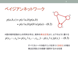 5




ベイジアンネットワーク	

 p(a, b, c) = p(c | a, b)p(a, b)
            = p(c | a, b)p(b | a)p(a)!(8.2)


K個の確率変数の上の同時分布は、確率の乗法定理より、以下のように書ける	
p(x1,!, xK ) = p(xK | x1,!, xK!1 )! p(x2 | x1 )p(x1 ) !(8.3)

                     すべてのノードの組がリンクを持つ（全結合）の場合	
                     乗法定理をどの順番で適用するかは任意	
 