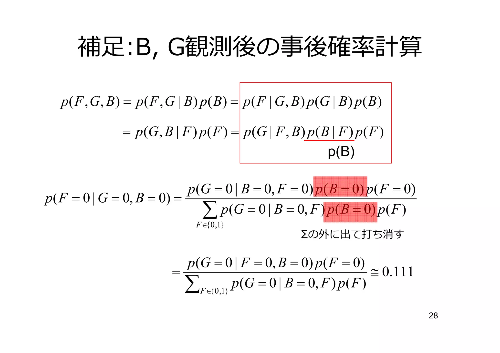 補足:B, G観測後の事後確

   p( F , G, B) = p( F , G | B) p( B) = p( F | G, B) p(G | B) p( B)

               = p(G, B | F ) p( F ) = p(G | F , B) p( B | F ) p( F )
                                                        p(B)

                           p(G = 0 | B = 0, F = 0) p( B = 0) p( F = 0)
p( F = 0 | G = 0, B = 0) =
                             ∑ p(G = 0 | B = 0, F ) p( B = 0) p( F )
                              F ∈{0 ,1}
                                                   Σの外に出て打ち消す

                           p(G = 0 | F = 0, B = 0) p( F = 0)
                         =                                      ≅ 0.111
                           ∑F∈{0,1} p(G = 0 | B = 0, F ) p( F )
                                                                          28
 