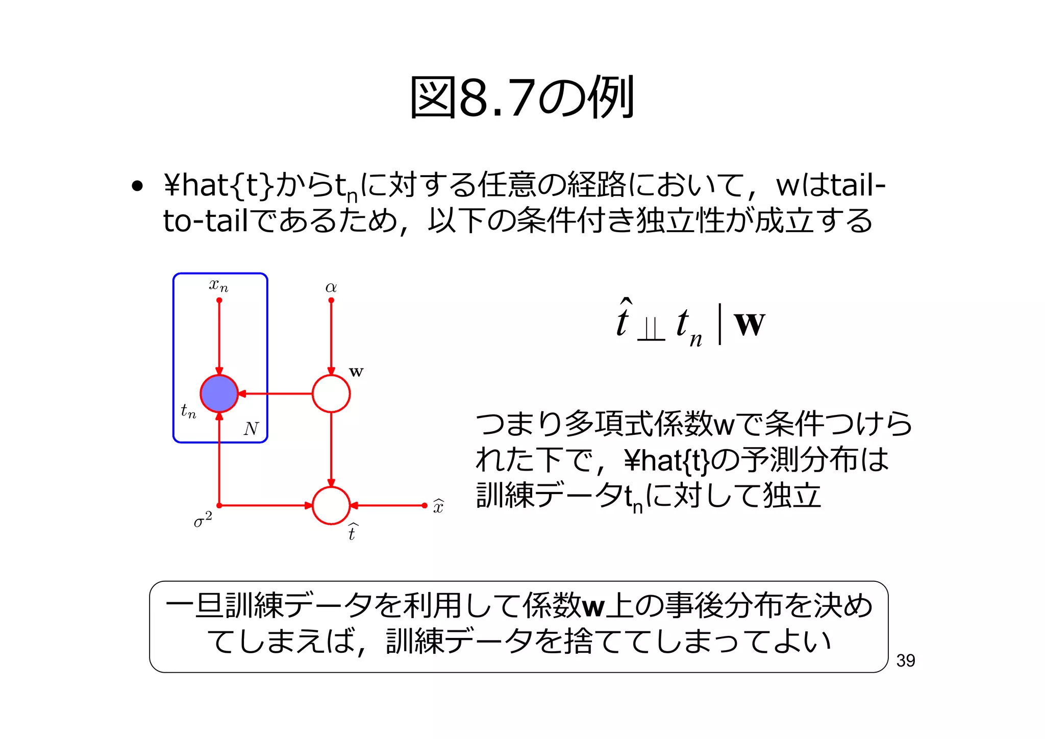 図8.7の
• ¥hat{t}からtnに対する任意の経 において，wはtail-
  to-tailであるため，以下の条件付き  性が成 する


                     ˆ
                     t tn | w

               つまり多項式係数wで条件つけら
               れた下で，¥hat{t}の予測分布は
               訓練データtnに対して


 一 訓練データを  して係数w上の事後分布を決め
  てしまえば，訓練データを捨ててしまってよい              39
 