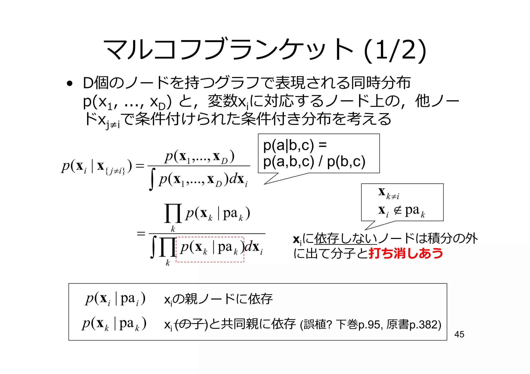 マルコフブランケット (1/2)
• D個のノードを持つグラフで表現される同時分布
  p(x1, ..., xD) と，変数xiに対応するノード上の，他ノー
  ドxj≠iで条件付けられた条件付き分布を考える
                                                               p(a|b,c) =
                       p(x1 ,..., x D )                        p(a,b,c) / p(b,c)
p(x i | x{ j ≠i} ) =
                    ∫ p(x ,..., x )dx
                               1           D           i
                                                                                   x k ≠i
                      ∏ p(x | pa )     k           k
                                                                                   x i ∉ pa k
                  =        k
                                                                   xiに依存しないノードは積分の外
                    ∫ ∏ p(x | pa )dx
                       k
                                   k           k           i       に出て分子と打ち消しあう


     p(x i | pa i )    xiの親ノードに依存
    p(x k | pa k )     xi (の子)と共同親に依存 (誤植? 下巻p.95, 原書p.382)
                                                                                                45
 